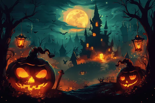 Misty Halloween night with a full moon above a haunted house, glowing jack-o-lanterns, bats, and dark trees.