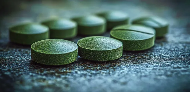 Green round tablets lie on a dark textured surface in a close-up showing matte granular coating.