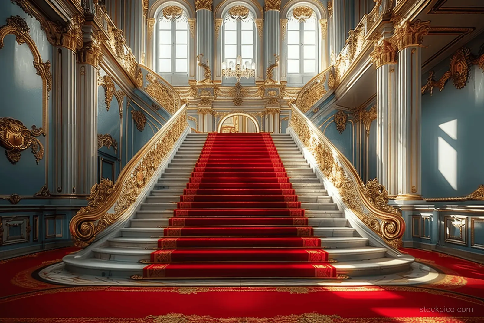Luxurious castle staircase with a red carpet runner and ornate golden railing in an indoor grand hall.