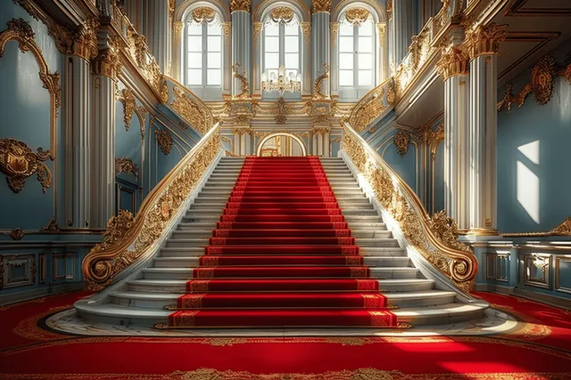 Luxurious castle staircase with a red carpet runner and ornate golden railing in an indoor grand hall.