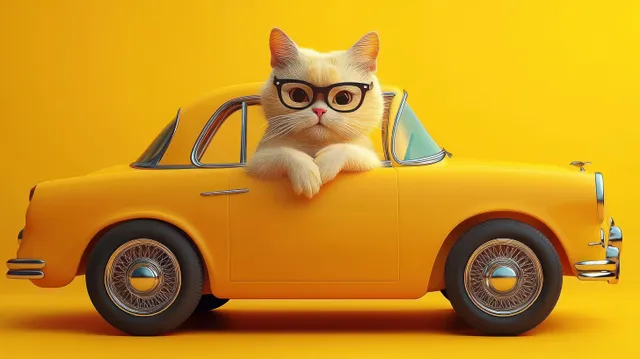 A sunglasses-wearing cat drives a vintage yellow car against a bright yellow backdrop.