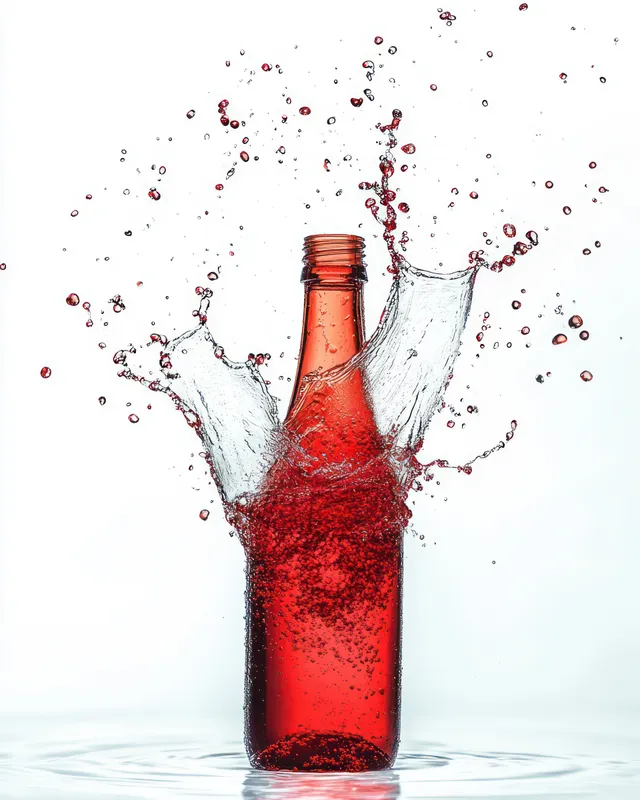 Red bottle with clear water splashing upward in mid-air droplets against a white background.