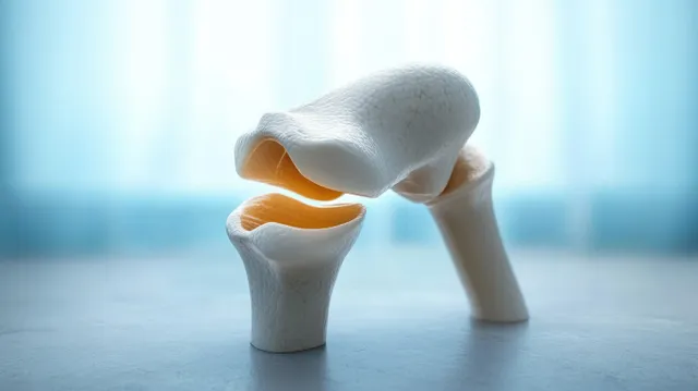 3D-rendered human knee joint model with highlighted bones and cartilage