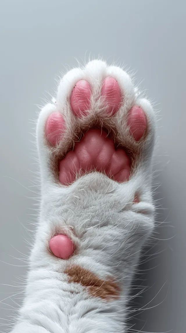 Close-up of a cat paw with pink pads and visible claws on white fur against a soft gray background.