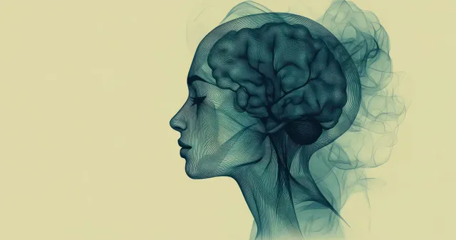 Translucent side-profile head shows visible brain structures with floating smoke-like wisps around it.