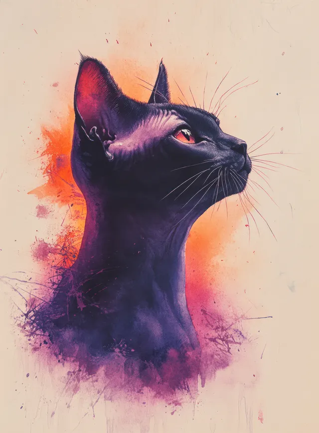Watercolor Sphynx cat in side profile with light green eyes against purple and pink paint splashes.