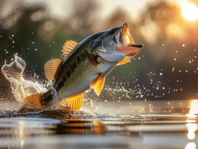 Largemouth bass fish jumping above lake water at golden hour with splash droplets with Fishing And Angling
