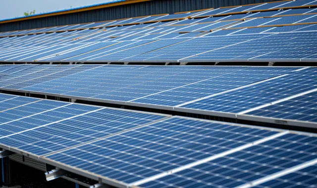Solar panels mounted on a commercial building roof capturing sunlight under a blue sky.