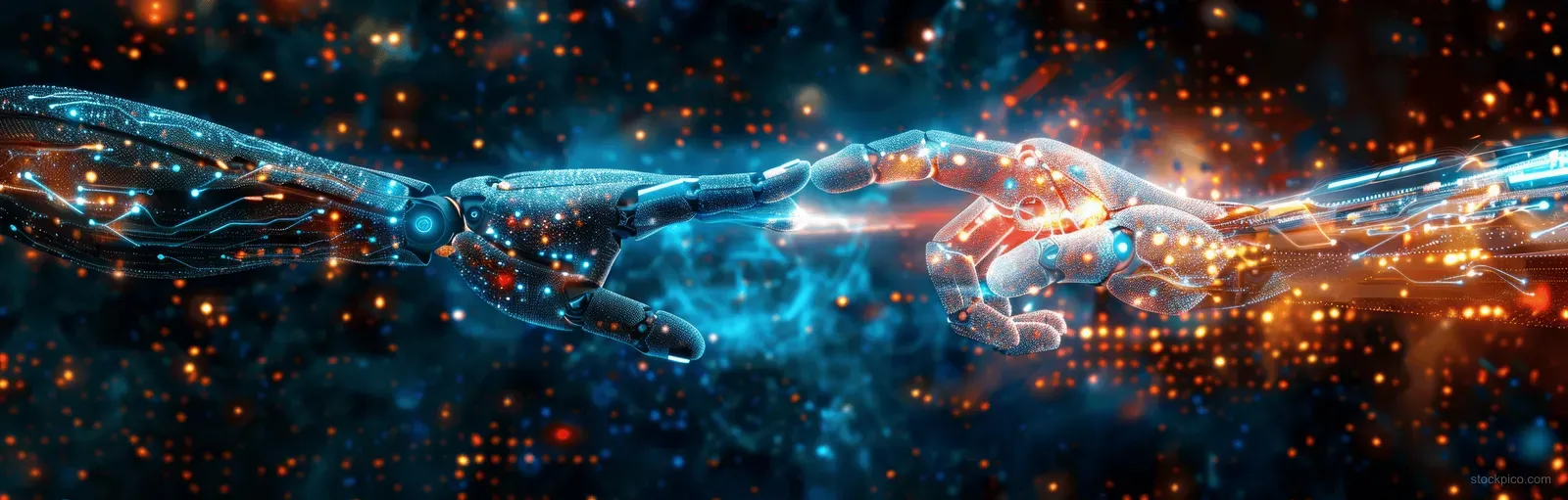 Glowing human and robot hands meet amid holographic circuit lines and floating data particles in a futuristic network.