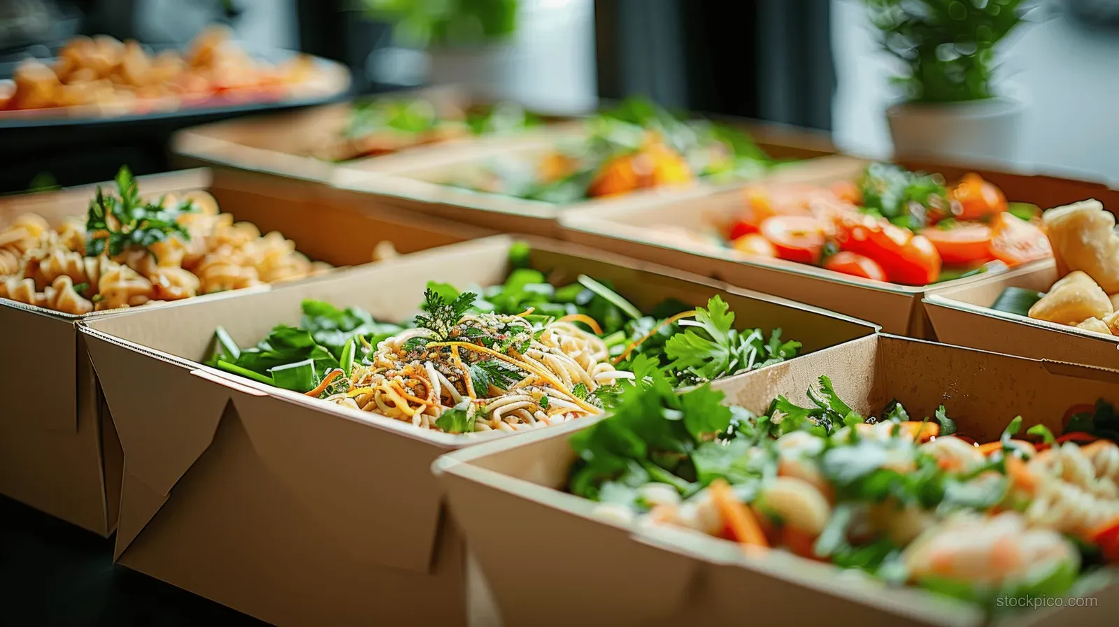 Eco-friendly paper containers hold fresh Asian noodle and vegetable dishes on a catered corporate table.