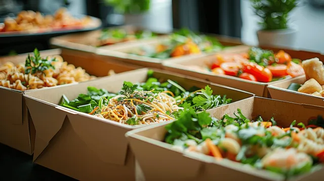 Fresh Asian noodles served in eco-friendly paper boxes at a catered corporate event table
