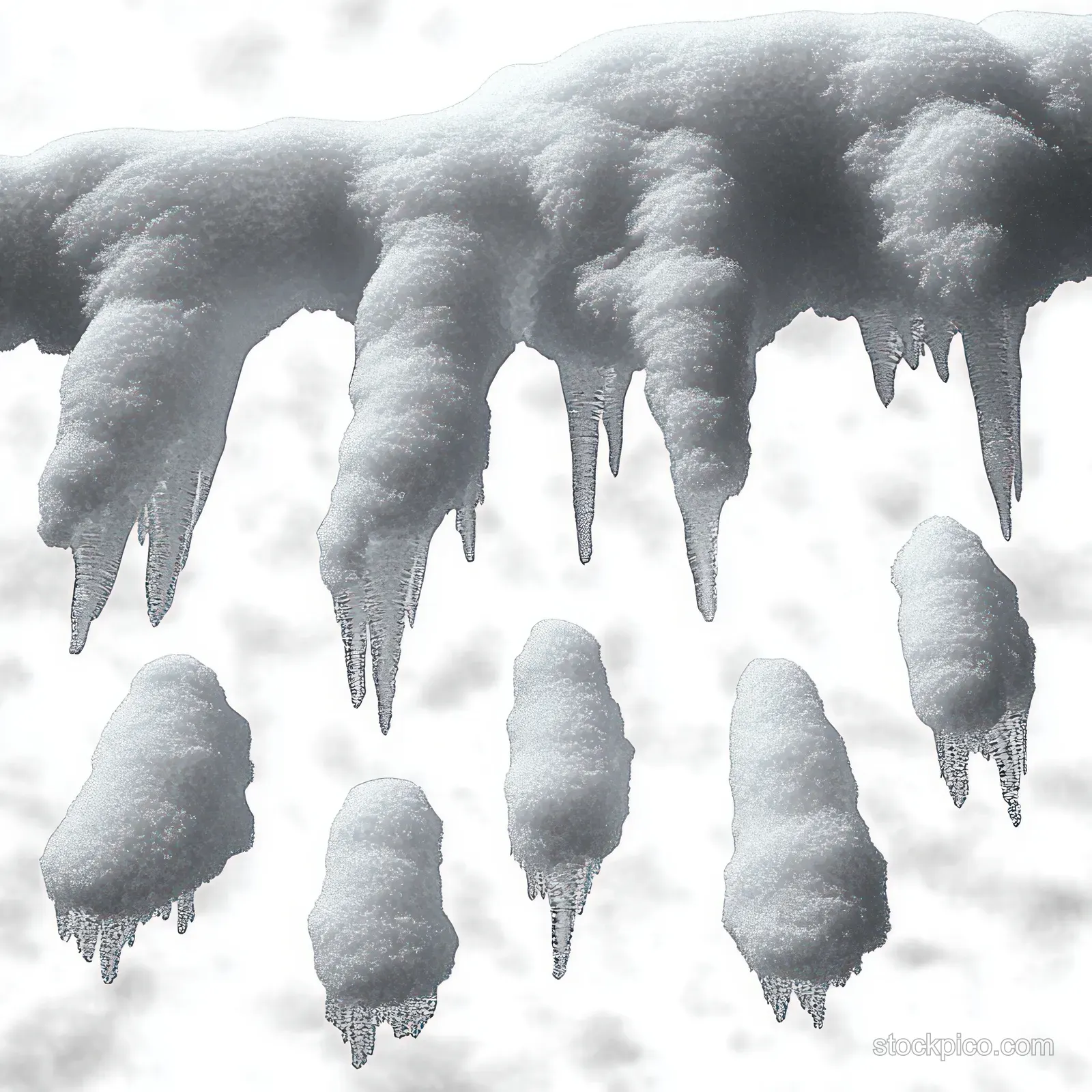 Icicles and frozen droplets hang from a snow-covered surface under an overcast sky.