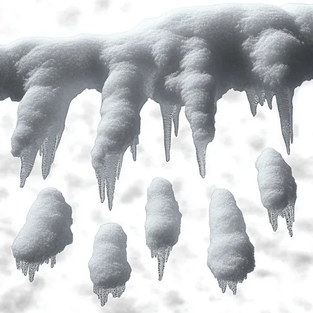 Icicles and frozen droplets hang from a snow-covered surface under an overcast sky.