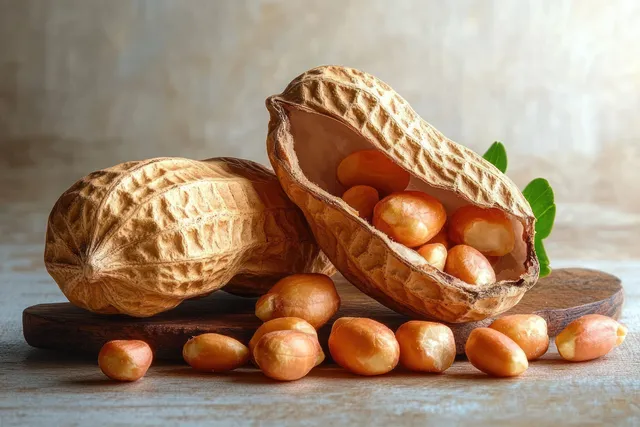 Peanut pods and seeds on rustic wood with warm, textured light