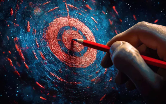 A hand draws a fiery red spiral target with a red pencil on a dark textured background with red and blue glow.