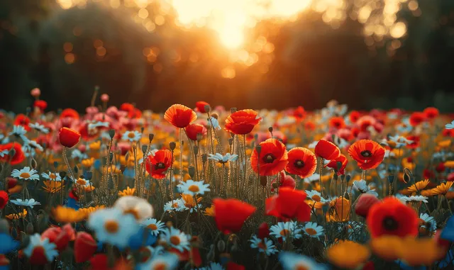 Sunlit meadow with red poppies and colorful wildflowers glowing under warm sunbeams.