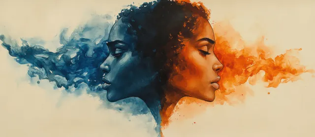 Two watercolor side-profile faces merge blue and orange splashes with expressive eyes and textured brush strokes.