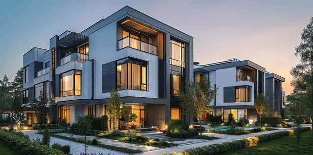 Gray and white modern townhouses with panoramic windows glowing at dusk