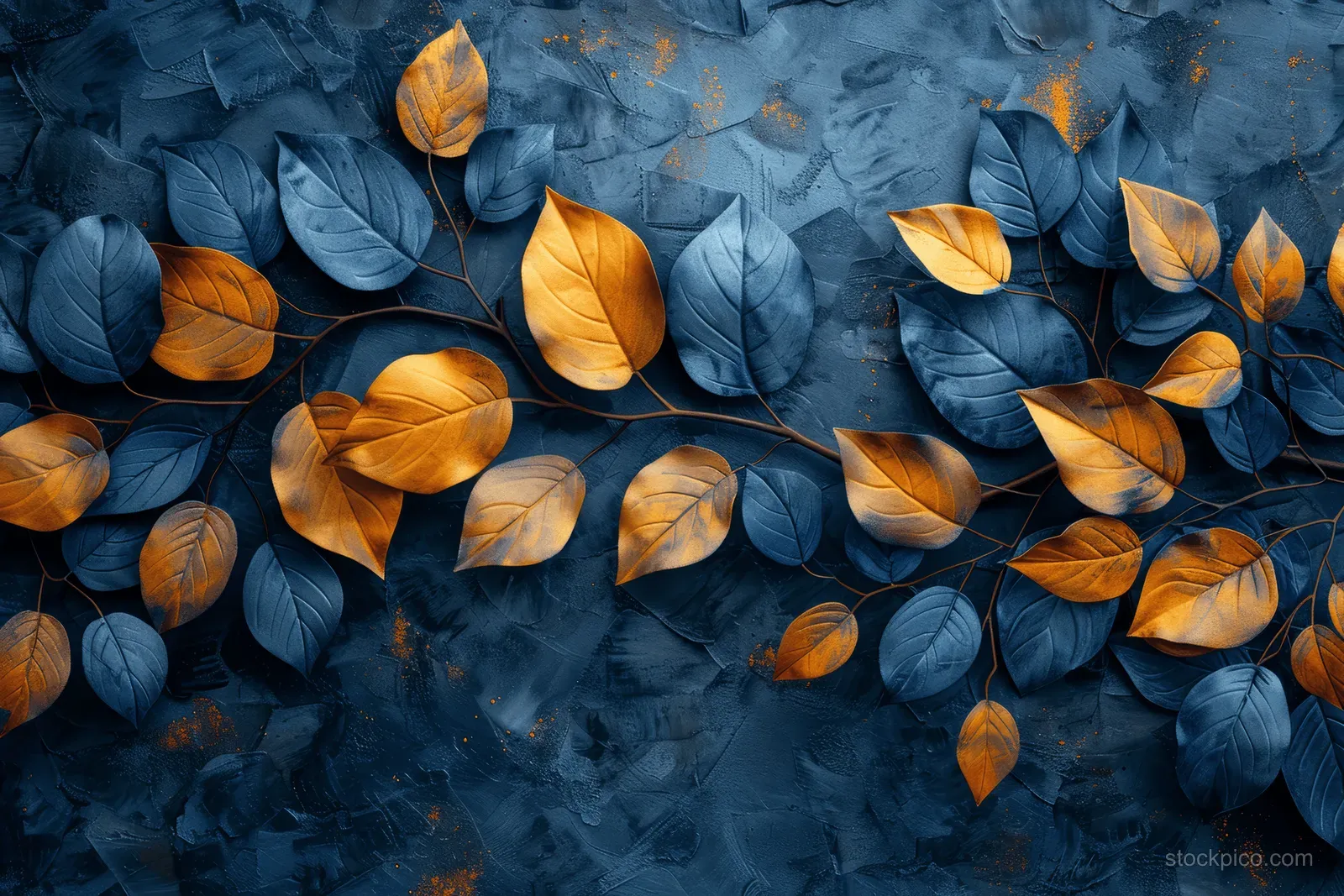 Gold and blue leaves float over a dark grey watercolor texture backdrop.