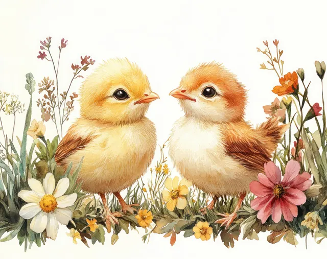 Two fluffy yellow chicks stand among spring flowers and greenery.