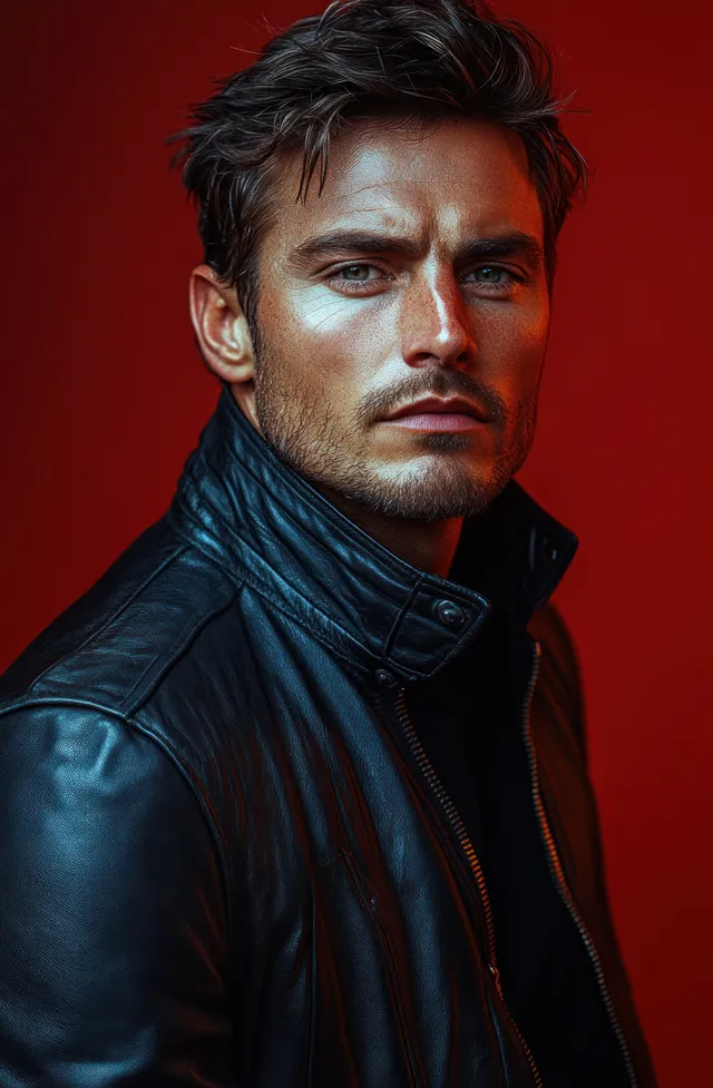 Dramatic portrait of man in black leather jacket under red-and-shadow chiaroscuro lighting