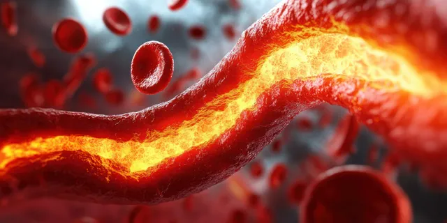 A glowing 3D artery is narrowed by a cholesterol plaque while red blood cells drift in the background.