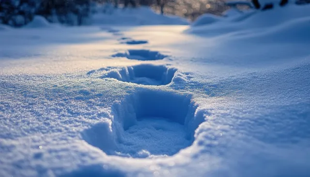 Close-up of fresh deep footprints in sparkling snow forming a trail into winter haze