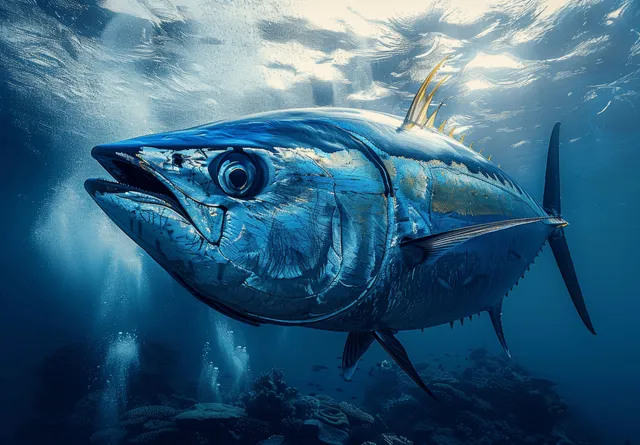 Bluefin tuna swimming toward camera through clear ocean water with sunlight rays