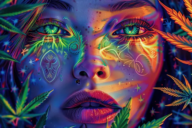 Psychedelic shaman meditation portrait with luminous green eyes, dragon patterns, and cannabis leaves around the face.
