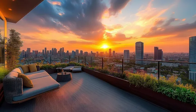 Cushioned rooftop lounge faces a panoramic city skyline at sunset with planters and a glass railing.