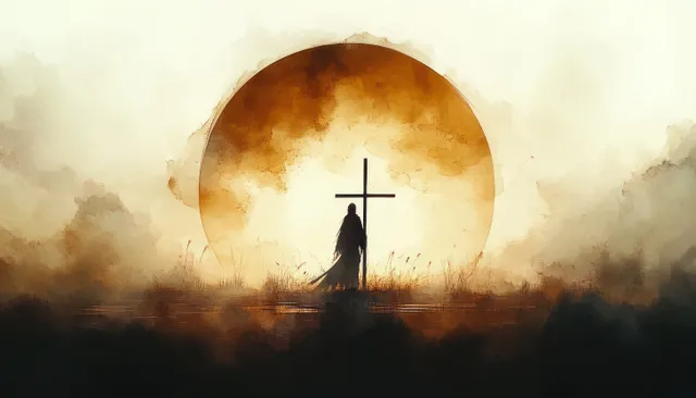 Silhouette of Jesus carrying a cross in golden mist beneath a glowing sun behind smoky clouds.
