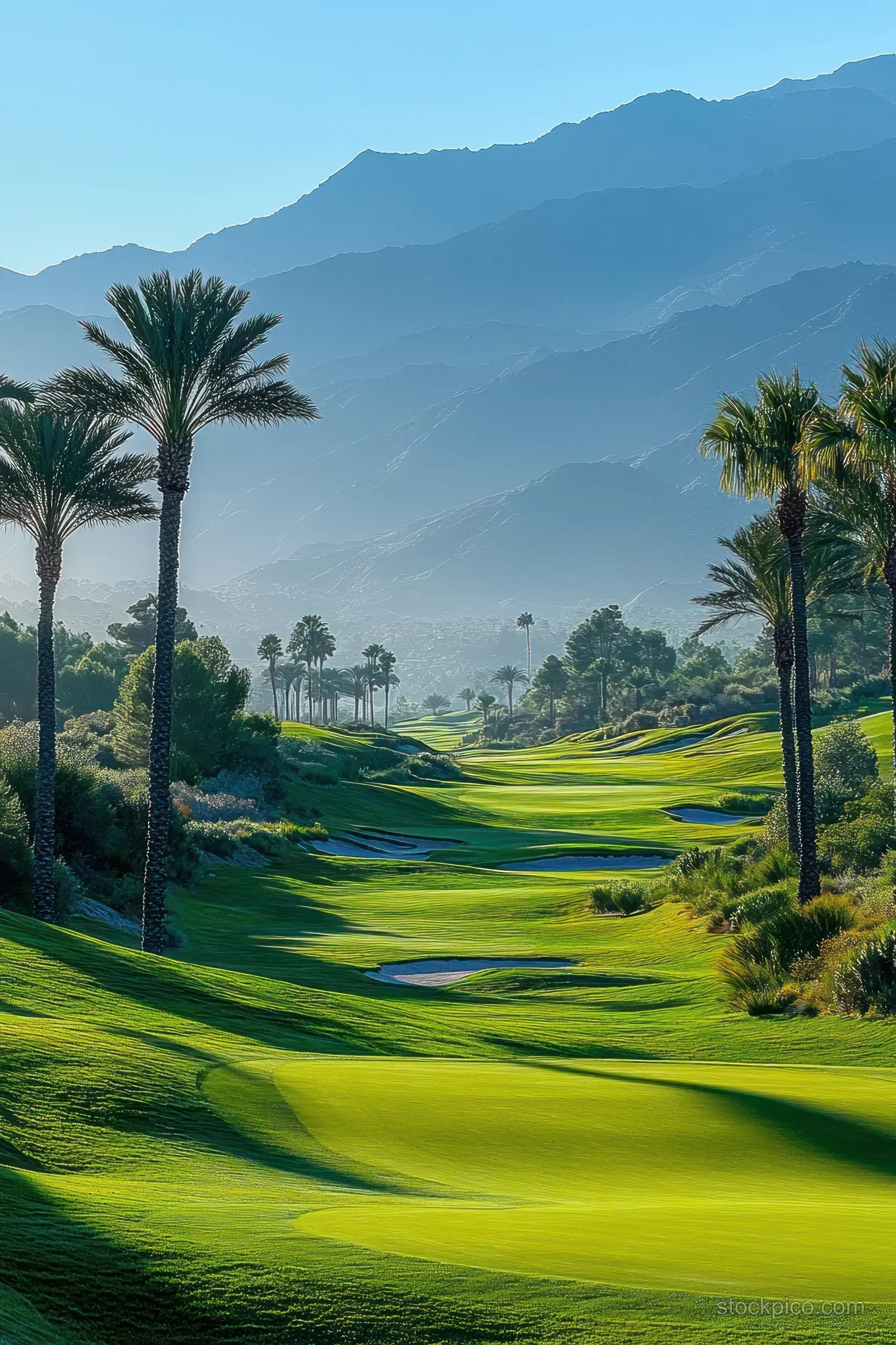 A sunrise golf course with palm trees along rolling green fairways and misty hills in the distance.