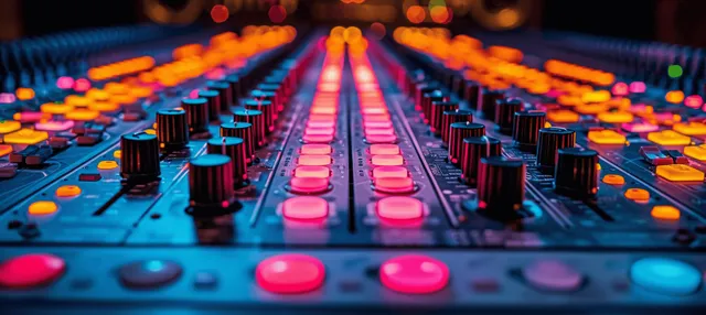 Close-up of an illuminated audio mixing console showing glowing faders and colored LED lights on a studio panel.