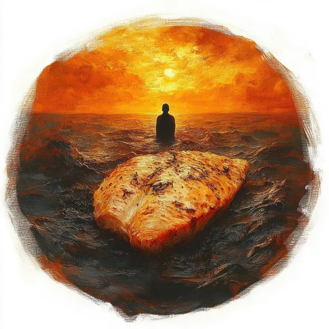 Silhouette of a person sitting on grilled chicken floating on a dark ocean under an orange sunset sky.