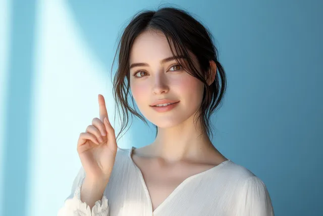 Young woman smiling in light blouse against pastel blue indoor backdrop
