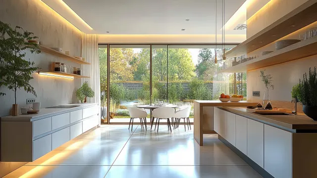 Minimalist kitchen with white cabinets, wooden countertops, and glass sliding doors revealing a green garden and dining table.
