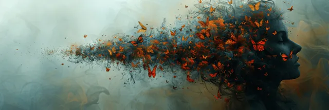 A side profile silhouette is engulfed by a smoky cloud of ember fragments, evoking chaotic disorganized thoughts.
