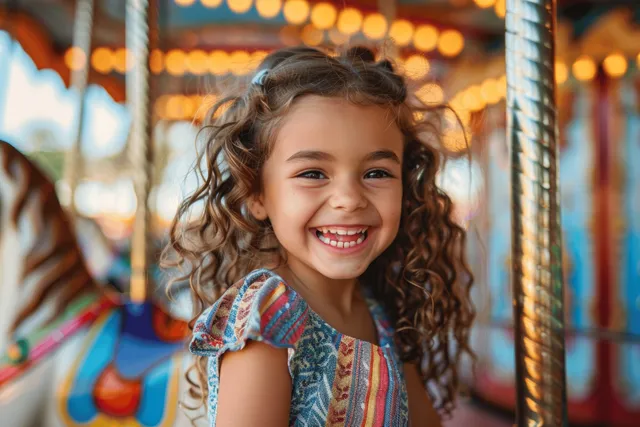 A laughing girl rides a colorful amusement park carousel under warm lights and spinning metal poles.