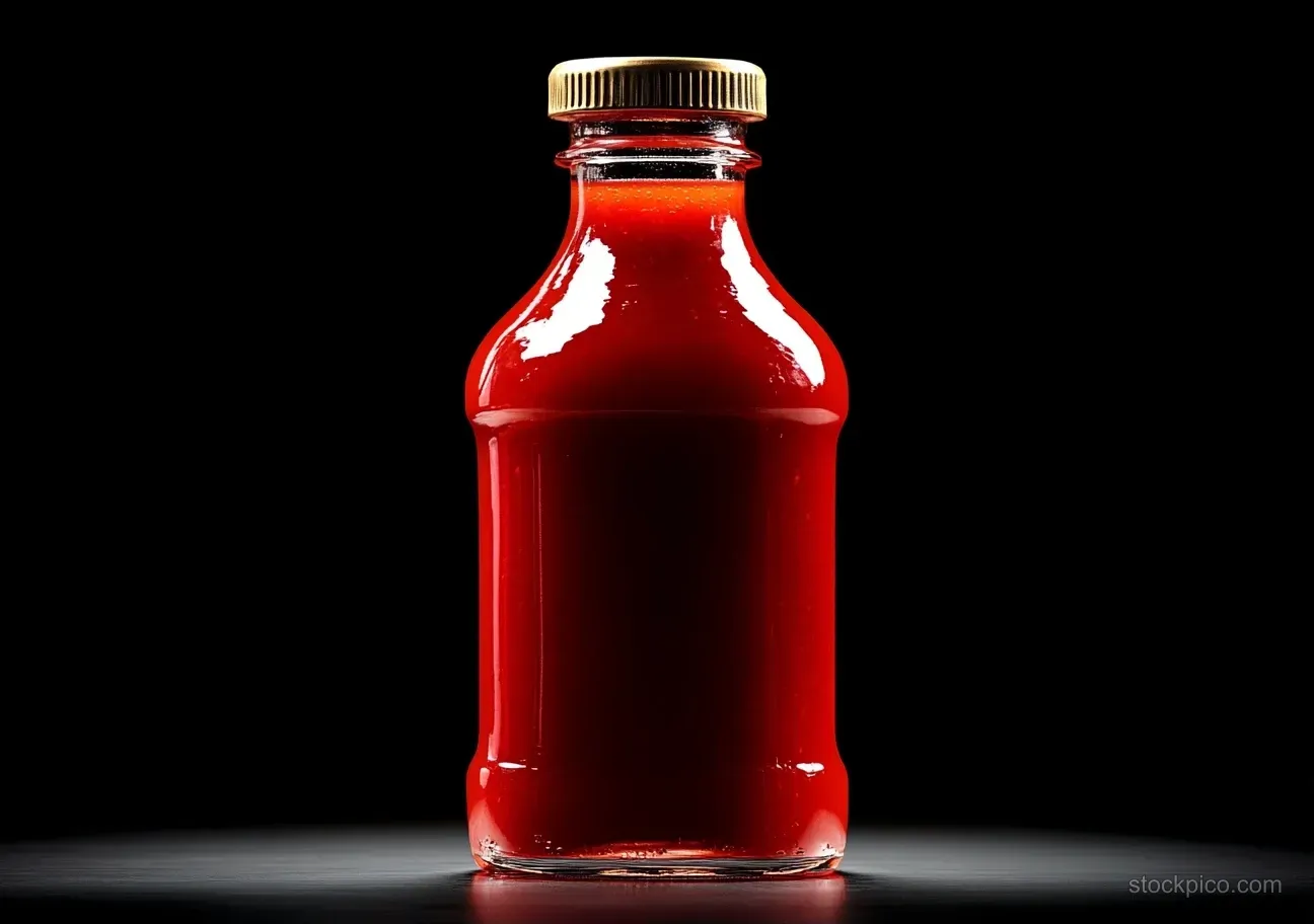 A clear glass bottle filled with bright red sauce and sealed with a golden screw cap under a spotlight on black.