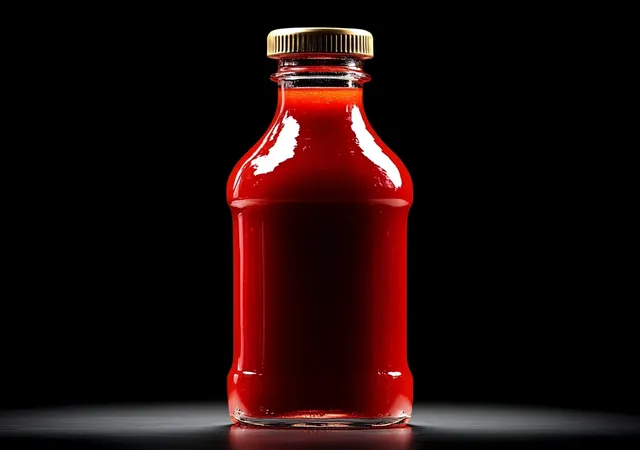 Glass bottle with bright red sauce and golden cap under spotlight on black background