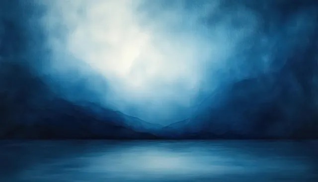 Abstract blue mist over calm water with a soft glowing light fading into the horizon.
