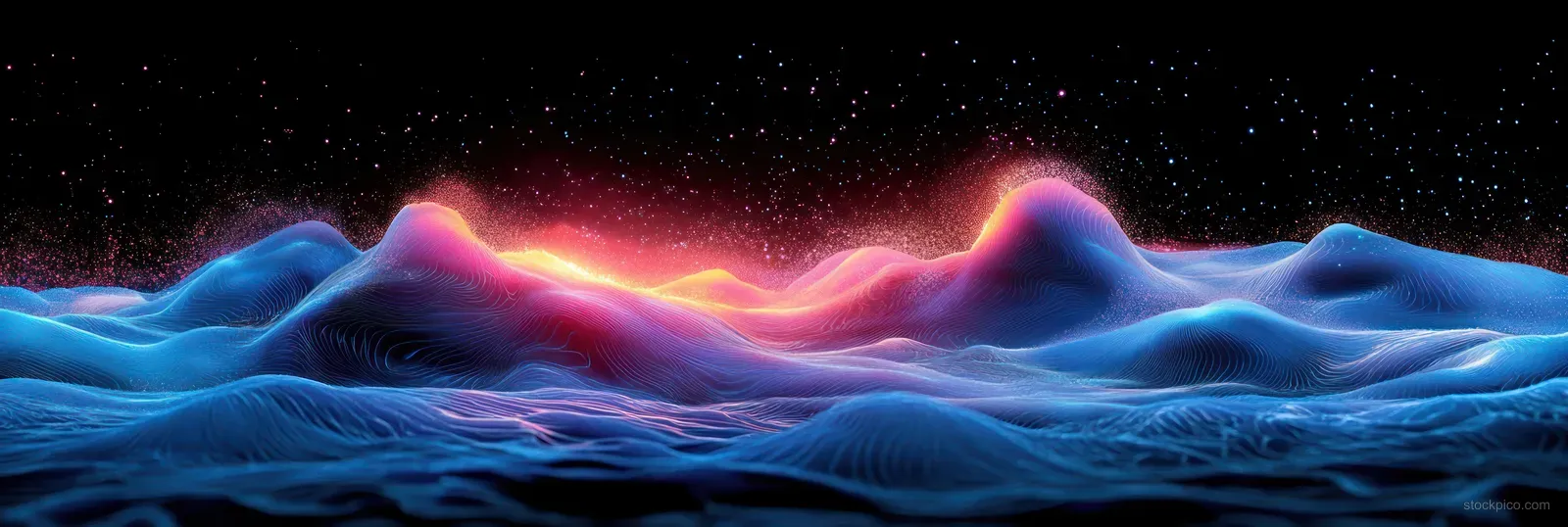 Glowing quantum wavefronts travel over a dark starfield, creating colorful interference ripples near the horizon.