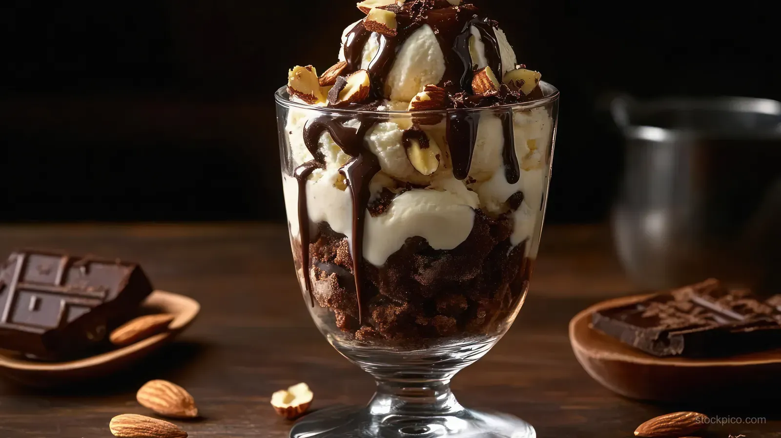 A glass dessert cup filled with ice cream, brownie pieces, chocolate drizzle, and almonds sits on a wooden table.