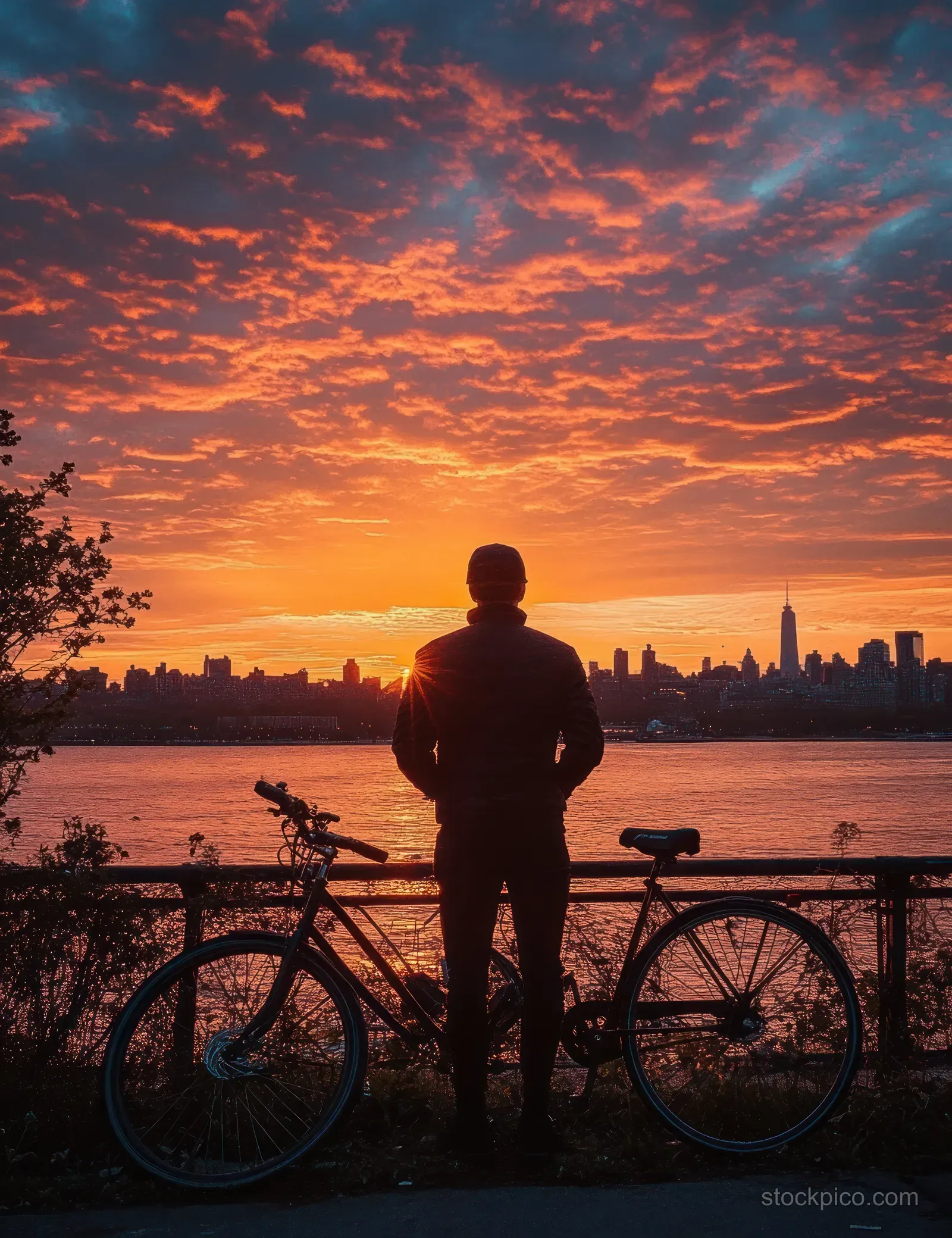 Silhouette of a person with a bicycle against a vibrant orange sunset over an urban skyline and calm water reflections.
