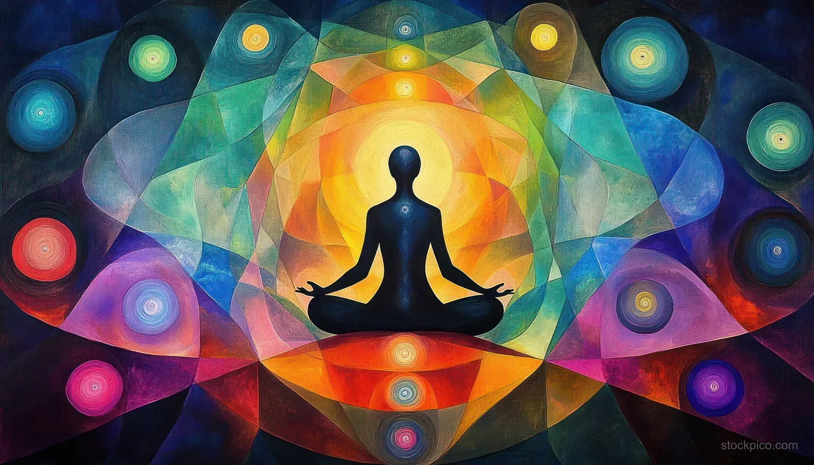 A glowing chakra mandala surrounds a meditating lotus silhouette with colorful orbs and geometric light beams.