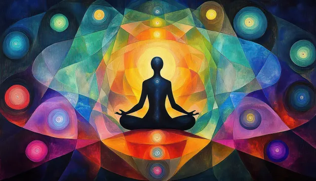 A glowing chakra mandala surrounds a meditating lotus silhouette with colorful orbs and geometric light beams.