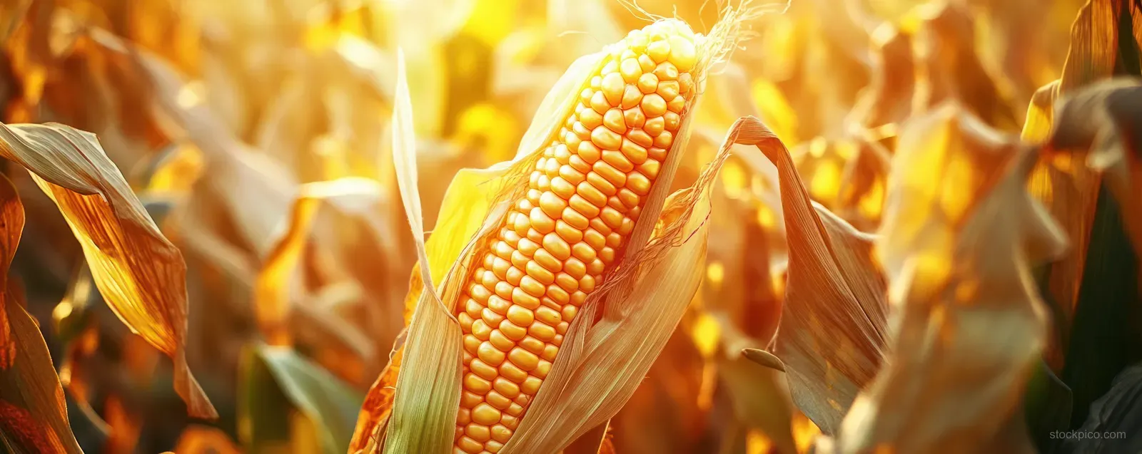 Golden sweet corn cob with kernels appears among husks in a glowing sunlit cornfield.