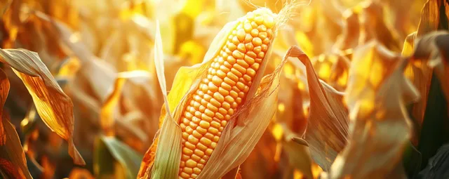Golden sweet corn cob standing among husks in warm sunset-like sunlight