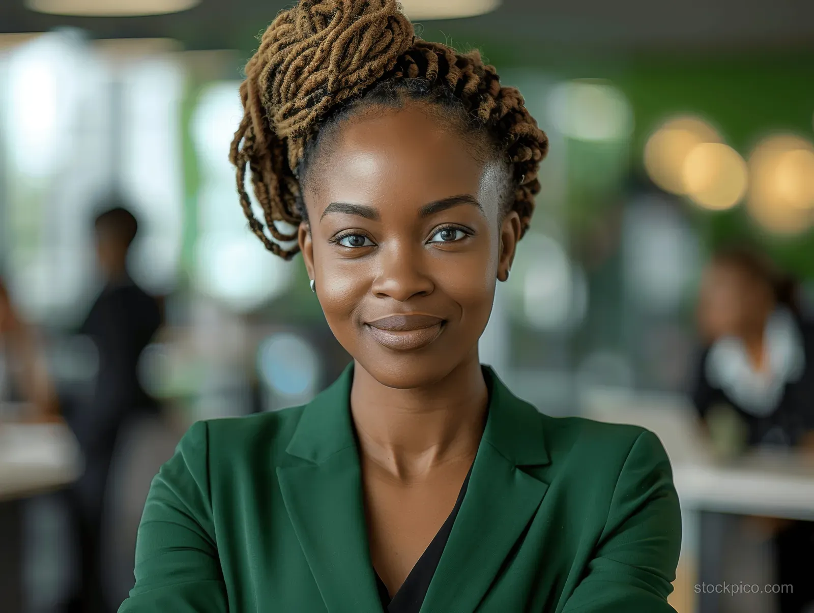 African American businesswoman in a green blazer leads a meeting in a modern office with blurred coworkers behind.