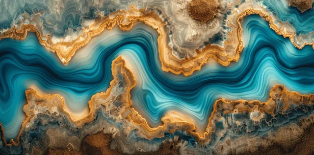 Turquoise epoxy river channels over beige resin bed, aerial-like topographic detail